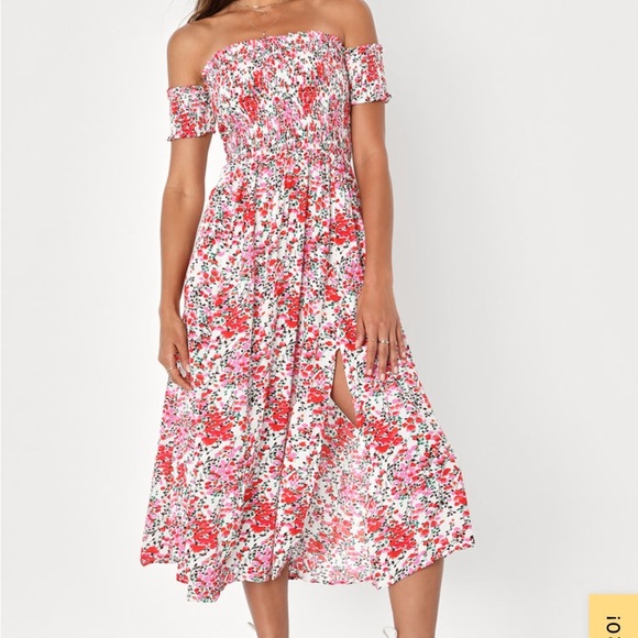 Lulu’s Smocked View from the Meadow Off the Shoulder Midi Dress - Picture 1 of 10